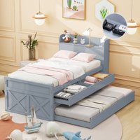 Einzelbett Massivholzbett Kiefer 90x190 Multifunktional mit Ausziehbett Lattenrost, Nachttisch mit Regalen mit USB-Steckdose Jugendbett Grau von REDOM