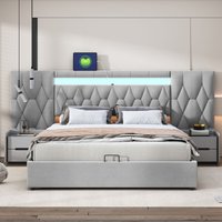 Elegantes Polsterbett 160x200 mit großer Rückenlehne, Samtbett mit led und USB-Steckdose, hydraulisches Stauraumsystem, klassisches graues Bett von REDOM