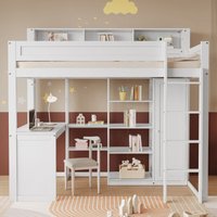 Etagenbett mit Tisch und Kleiderschrank, Kinderbett, mit Fallschutzgitter, mit Regalen und vierstufiger Leiter, integrierter Stauraum, Etagenbett mit Tisch und Kleiderschrank, Kinderbett, mit Fallschutzgitter, mit Regalen und vierstufiger Leiter, integrierter Stauraum, von REDOM