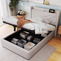 Gepolstertes Doppelbett mit Stauraum, Kopfteil mit usb Type c Ladefunktion, 90x200 Jugendbett mit Lattenrost (ohne Matratze) von REDOM