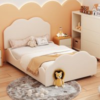 Gepolstertes Kinderbett 90 x 200 cm. Hochkantiger Kinderbettrahmen mit wolkenförmigem Kopf- und Fußteil. Hautfreundliches Samt-Einzelbett in Beige von REDOM