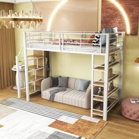 Hochbett 90200, mit Sicherheitsleiter, Stauraum und kleinem Kleiderschrank, Regale, hohes Zaundesign, Einzelbett, Jungenbett, Weiß von REDOM