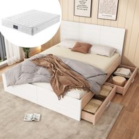 Holz-Doppelbettsystem 160×200cm mit 2 Schubladen, modernes Bett inklusive Bettgestell und Lattenrost 207×80×165cm (B×H×L) in Eiche/Weiß (mit Matratze) von REDOM
