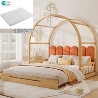 Mit Matratze) Ausziehbares Bogendachbett, Schiebebett, Babybett, Tagesbett, Doppelbett, Samtkissen, Kiefernholzrahmen, Natur und Orange (140 x 100 cm von REDOM