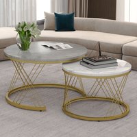 Redom - Moderner Satztisch, Couchtisch-Set aus Marmorfurnier, runde Akzent-Satztische, 2er-Set, goldfarbener Rahmen, Grau von REDOM