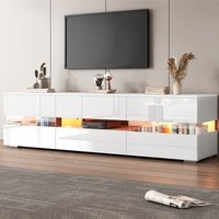 Moderner glänzend weißer TV-Schrank, 160x39x45 cm, mit LED-Beleuchtung, 2 Türen, 1 Schublade, offenes Fach, geeignet für 70-Zoll-Fernseher – mit von REDOM