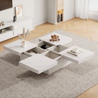 Moderner quadratischer Couchtisch mit weißem Marmoreffekt, 90 x 90 x 25 cm – vier Schubladen, verschiebbare Platte, belastbar bis 30 kg von REDOM