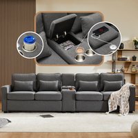 Modernes 4-Sitzer-Sofa aus Leinenstoff mit Konsole, 2 Getränkehaltern, 2 USB-Anschlüssen zum Aufladen mit Kabel, mit Armlehnentaschen und 4 Kissen, von REDOM