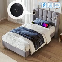 Polsterbett Einzelbett mit usb Type-C Ladefunktion, Bettgestell mit Lattenrost, Polsterbett in Grau, Bettgestell 90 x 200 cm, Jugendbett für von REDOM