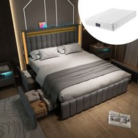 Polsterbett usb Typ c Ladefunktion LED-Beleuchtung und 4 Schubladen, Jugendbetten 160x200cm Doppelbett Bettkasten Bettgestell, Holzlattenrost, grau von REDOM