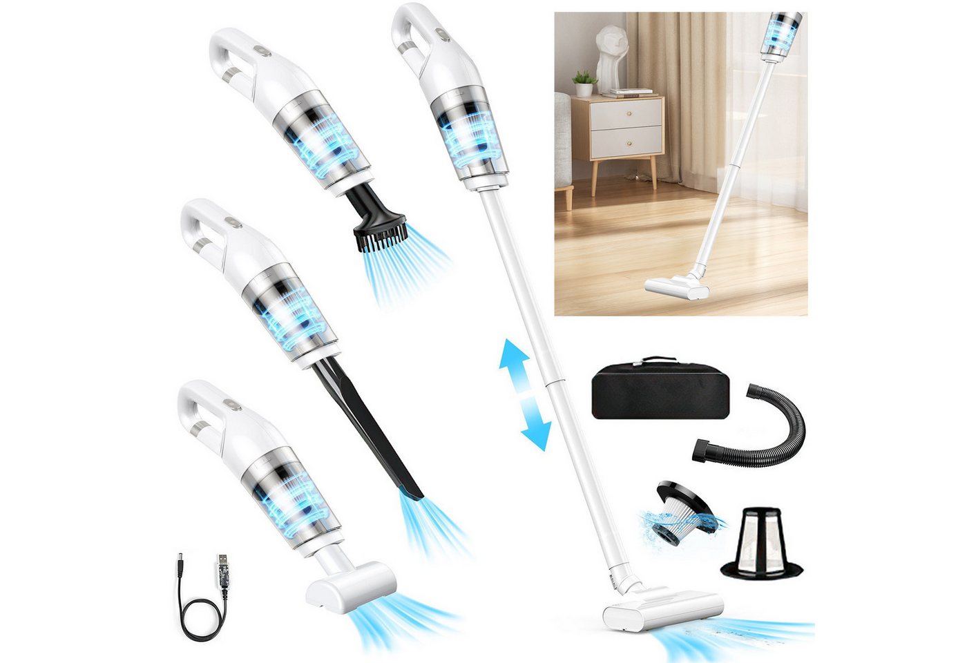REDOM Akku-Handstaubsauger Mini Staubsauger kompakter Akkusauger für Haushalt und Auto, 120,00 W, Beutellos, 4-in-1 Akku-Handstaubsauger 11000Pa 2000mAh Auto und Haushalt von REDOM