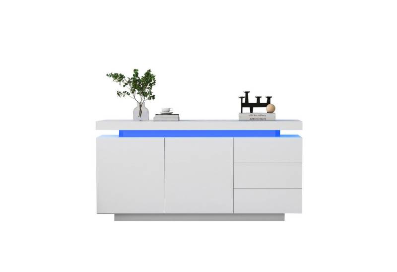 REDOM Anrichte Schubladenkommode Kommode (hochglanz mit LED inkl. Fernbedienung, Schubkastenkommode, Kommode aus Holz mit 4 Fächern und 3 Schubladen), Beistellschrank, Breite 140cm von REDOM