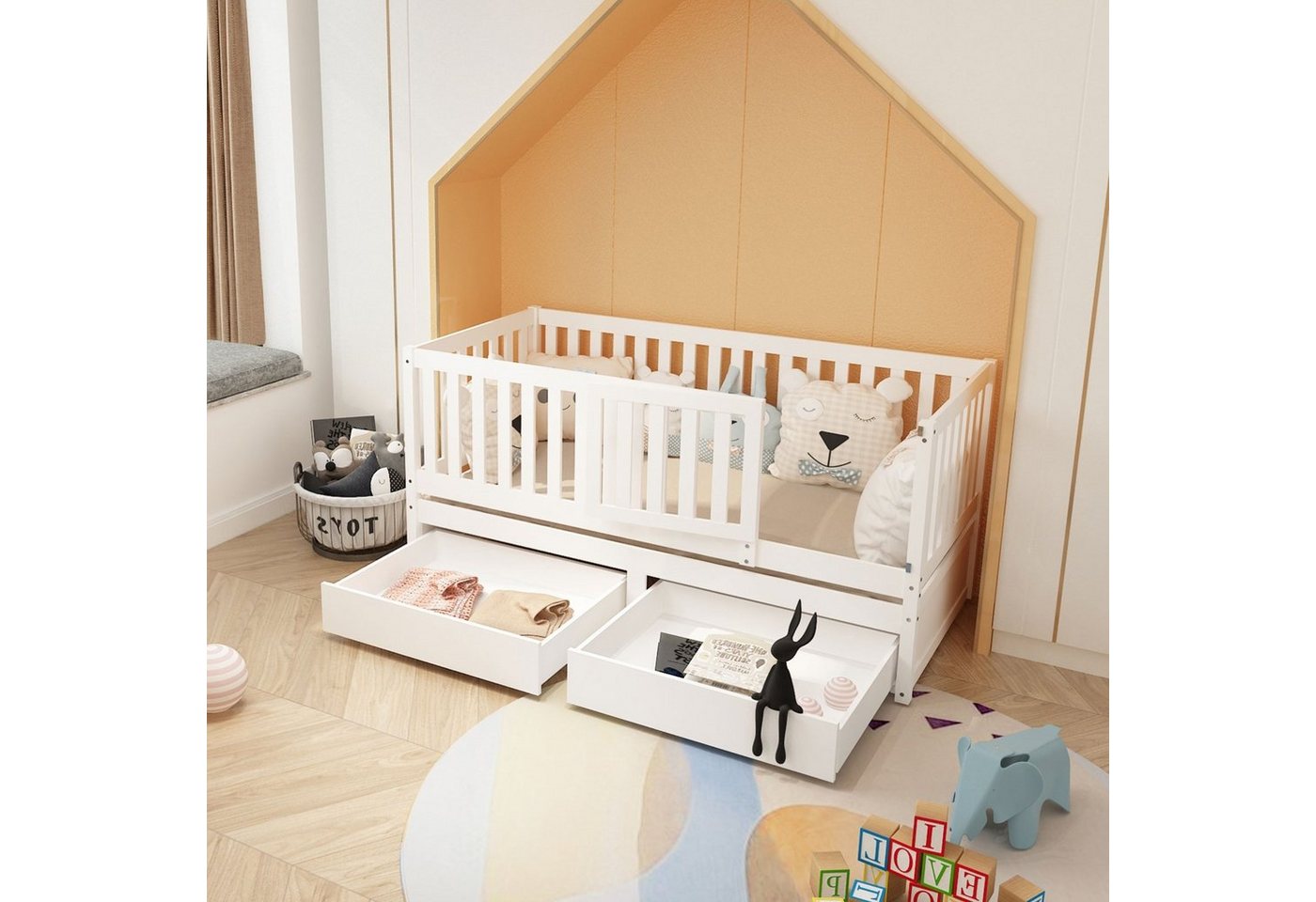 REDOM Babybett Baby Bett Kinderbett Jugendbett Holzbett Massivholzbett Bettgitter, 2-tlg., ohne Matratze mit Vollabtrennung Rausfallschutz 90x200 cm Massivholz von REDOM