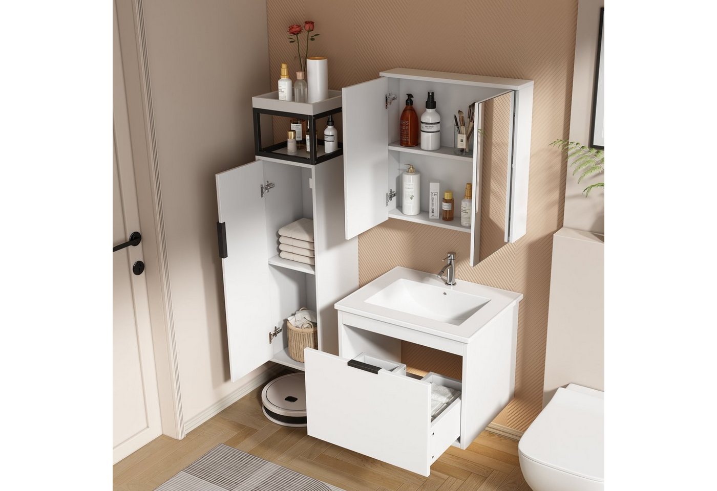 REDOM Badmöbel-Set Badezimmerset mit Soft-Close, Spiegelschrank, Waschtisch mit Becken, (Komplett-Set, 3-St) von REDOM