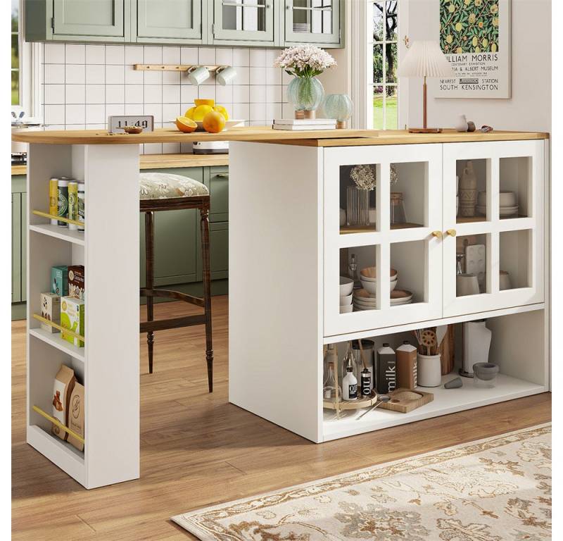 REDOM Bartisch 360° Drehbarer Stehtisch (mit Snackregal – Multifunktional & Ausziehbar (138-204 cm), Sideboard mit 5 Ablageflächen und gehärteten Glastüren, 1-St., 138-204 x 39 x 102.5 cm (L x B x H), mit Snackregal von REDOM
