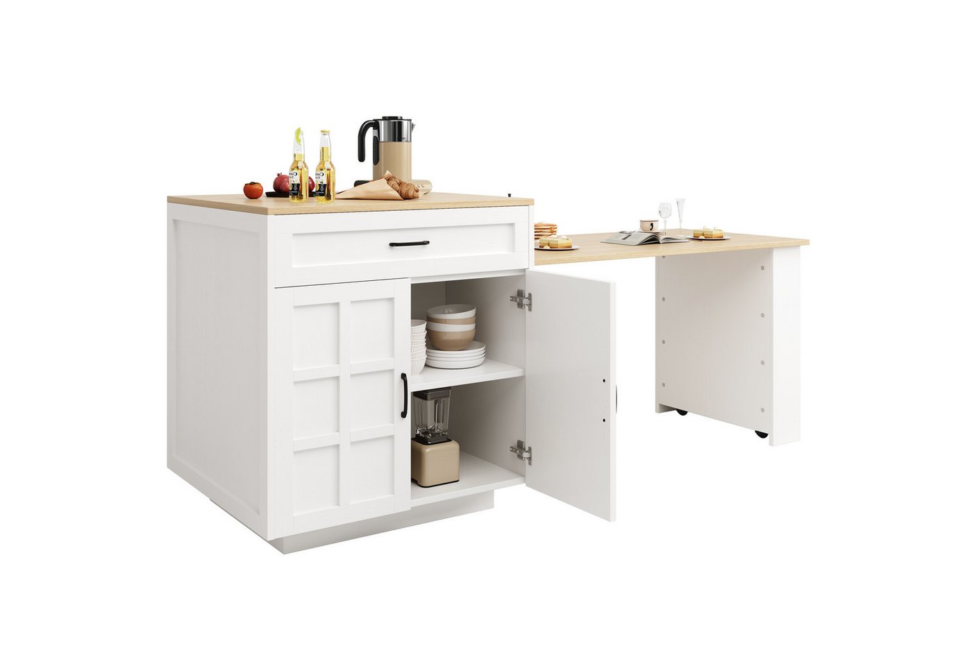 REDOM Bartisch Ausziehbarer,Kücheninsel,Bartisch (mit Stauraum (133-202×70×93,5 cm),Mit 2 Schubladen, 4 Fächern & Gewürzregal, Flexibles Design für 2-6 Personen, Ideal für Küche, Esszimmer & Büro), mit zwei Schubladen und vier Fächern von REDOM