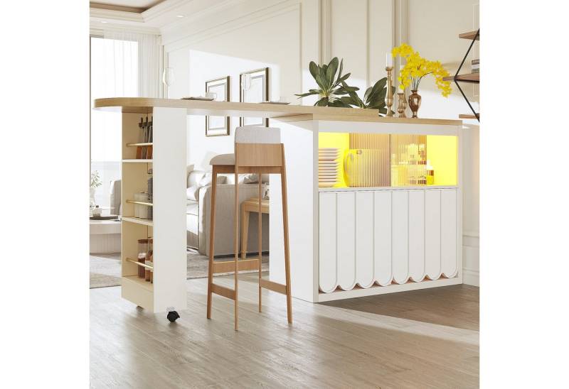REDOM Bartisch Ausziehbarer Kücheninsel (mit LED-Beleuchtung, Lenkrollen, Moderne Kücheninsel für Wohnzimmer & Büro – Elegante gestreifte Schranktüren in Schwarz/Weiß, 1-St., 135-205×39×100cm), mit Stauraum von REDOM