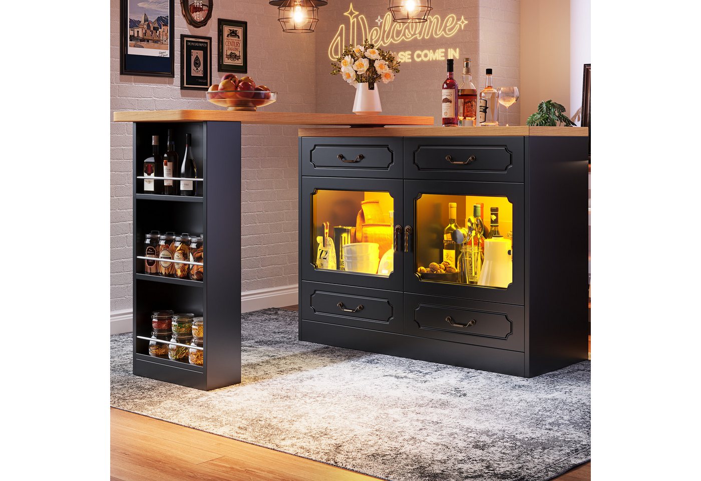 REDOM Bartisch Kücheninsel,drehbare Esstheke mit Stauraum (Ausziehbarer Bartisch mit 360° Drehfunktion, LED-Beleuchtung & Stauraum, Teleskop-Küchentisch, 1-St., 135-203×39×92.8cm), 360° drehbare Essbar mit Stauraum von REDOM
