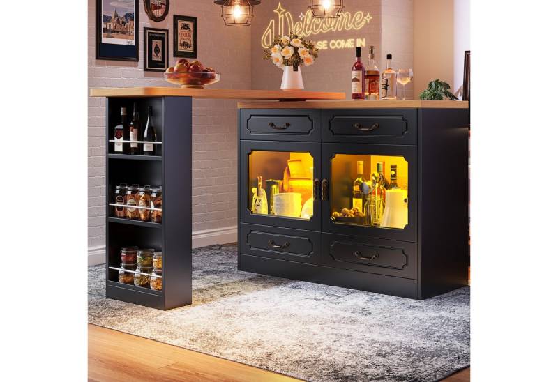 REDOM Bartisch Kücheninsel,drehbare Esstheke mit Stauraum (Ausziehbarer Bartisch mit 360° Drehfunktion, LED-Beleuchtung & Stauraum, Teleskop-Küchentisch, 1-St., 135-203×39×92.8cm), 360° drehbare Essbar mit Stauraum von REDOM
