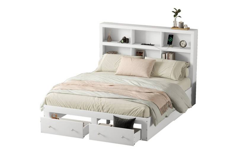REDOM Bett Kingsize-Plattformbett, Gästebett, Lagerungsbett, Doppelbett (mit Schubladen und Kopfteil-Stauraum, USB-Ladefunktion, ideal für Schlafzimmer & Jugendzimmer, 160x200cm), Ohne Matratze von REDOM