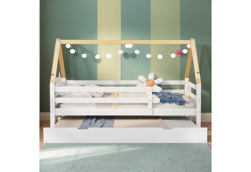 REDOM Bett Einzelbett, Kinderbett, Ausziehbett, Schiebebett (Baumhausbett mit ausziehbarem Schiebebett, naturfarbener Dachstuhl, praktisches Einzelbett für Kinder mit Rollen, flexibel und platzsparend, 90x200 & 90x190CM), Ohne Matratze von REDOM