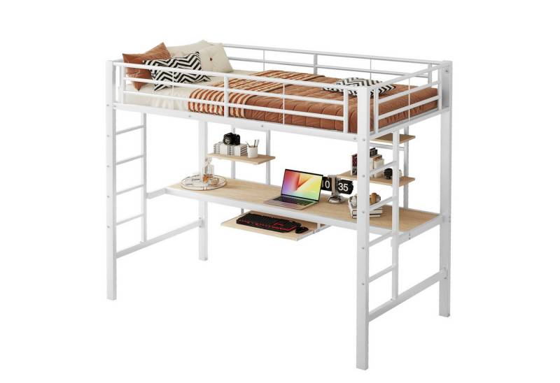 REDOM Bett Eisenbett, Bettgestell Metallbett, Hochbett mit Schreibtisch (Metallbett mit Schreibtisch & 2 Regalen, für Kinder, 90x200cm), Ohne Matratze von REDOM