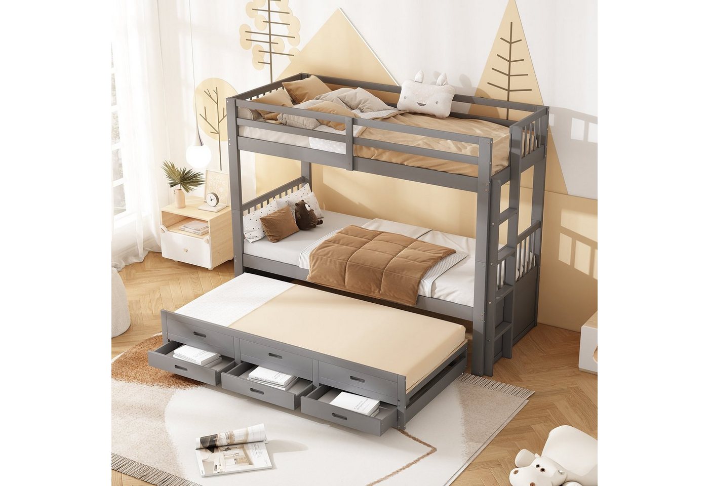 REDOM Bett Etagenbett Kinderbett Hausbet Einzelbett (Bettgestell aus Kiefer und MDF mit Leiter undausziehbarem Bett, 3 Schubladen), 90x200cm, Matratze nicht enthalten von REDOM