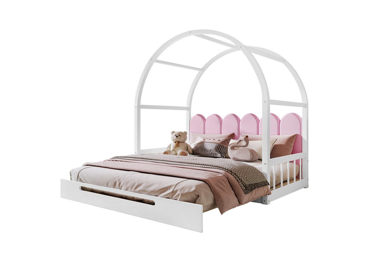 REDOM Bett Gästebett, Doppelbett, Schiebebett, Kinderbett, Tagesbett (Samtkissen, Rahmen aus Kiefernholz, Erweiterbares Gewölbtes Dachbett 140x100cm&140x200cm), Ohne Matratze von REDOM