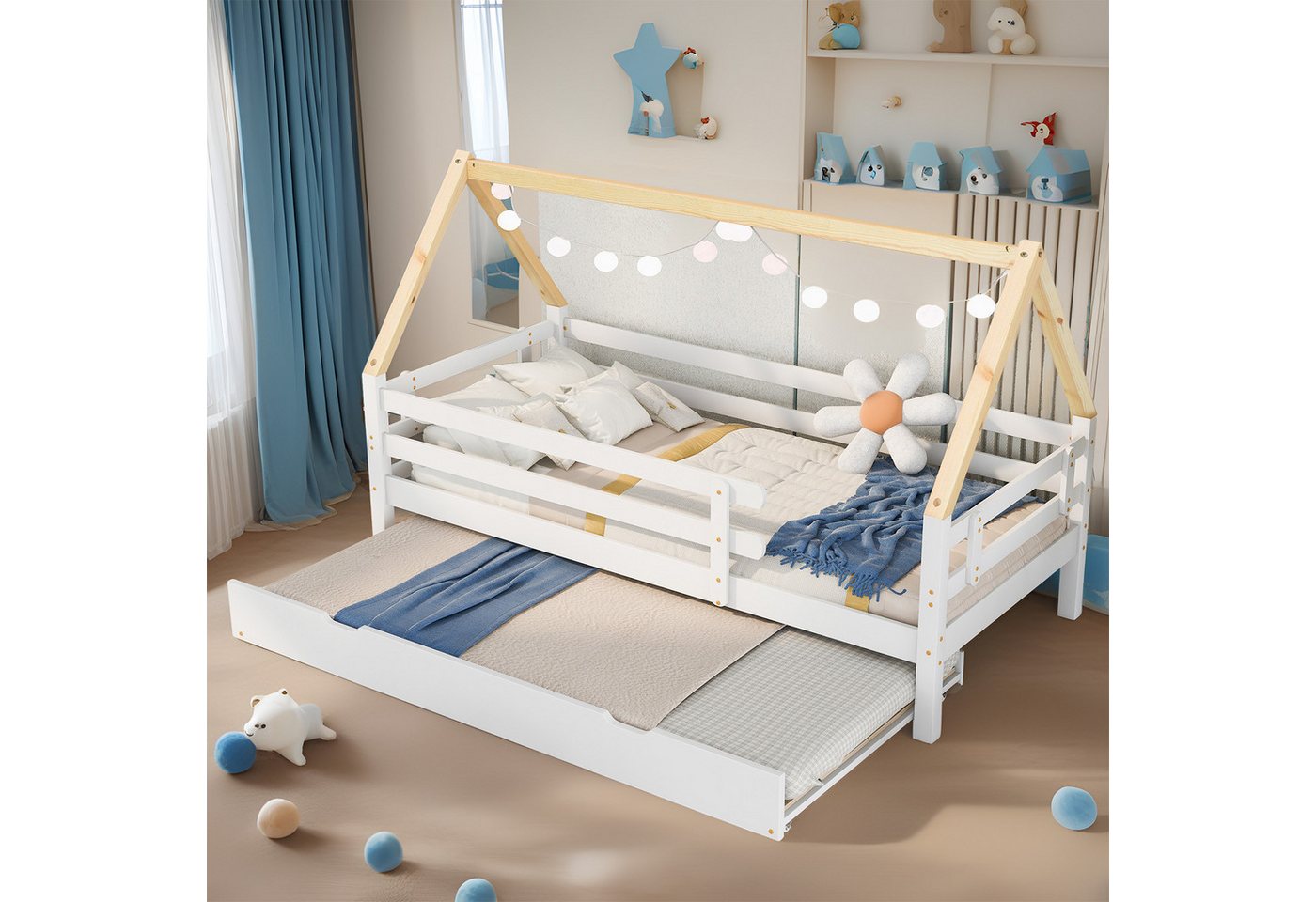 REDOM Bett Kinderbett, Ausziehbett Schiebebett (mit ausziehbarem Schiebebett, naturfarbener Dachstuhl, mit Rollen, 90x200 & 90x190 cm), Ohne Matratze von REDOM