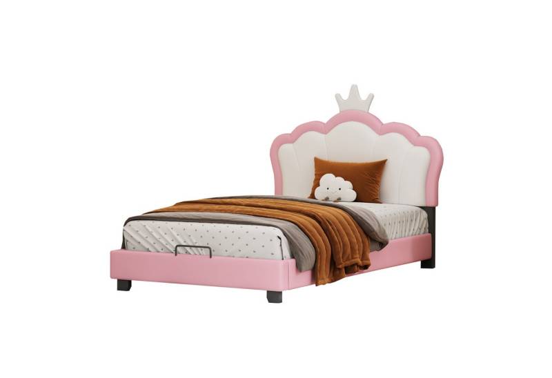 REDOM Bett Kinderbett Polsterbett Gästebett 90*200cm (mit Lattenrosten und Rückenlehne, Mädchenbett mit Kronenformung, Matratze nicht enthaltet), Ohne Matratze von REDOM