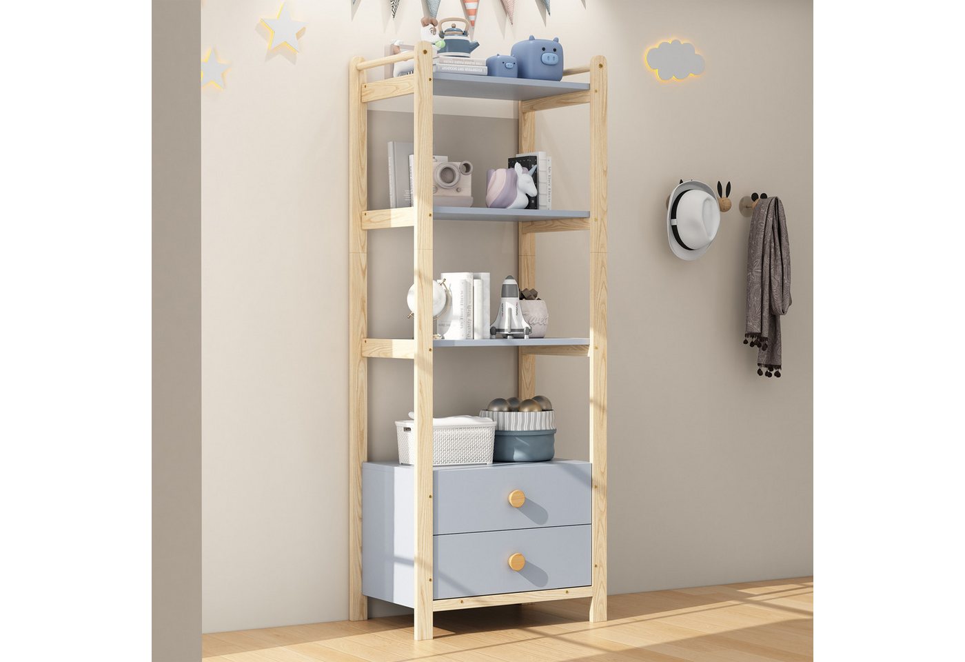 REDOM Bücherregal Kieferrahmen mit robusten blauen Ablagen, Standregal 1-tlg., 2 Schubladen, 4 Ebenen Bücherregal, 70×44×180cm von REDOM