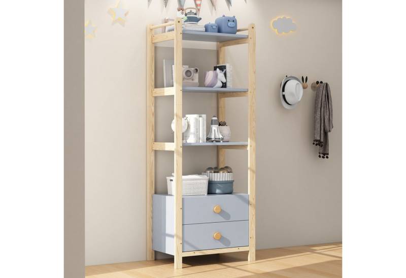 REDOM Bücherregal Kieferrahmen mit robusten blauen Ablagen, Standregal 1-tlg., 2 Schubladen, 4 Ebenen Bücherregal, 70×44×180cm von REDOM