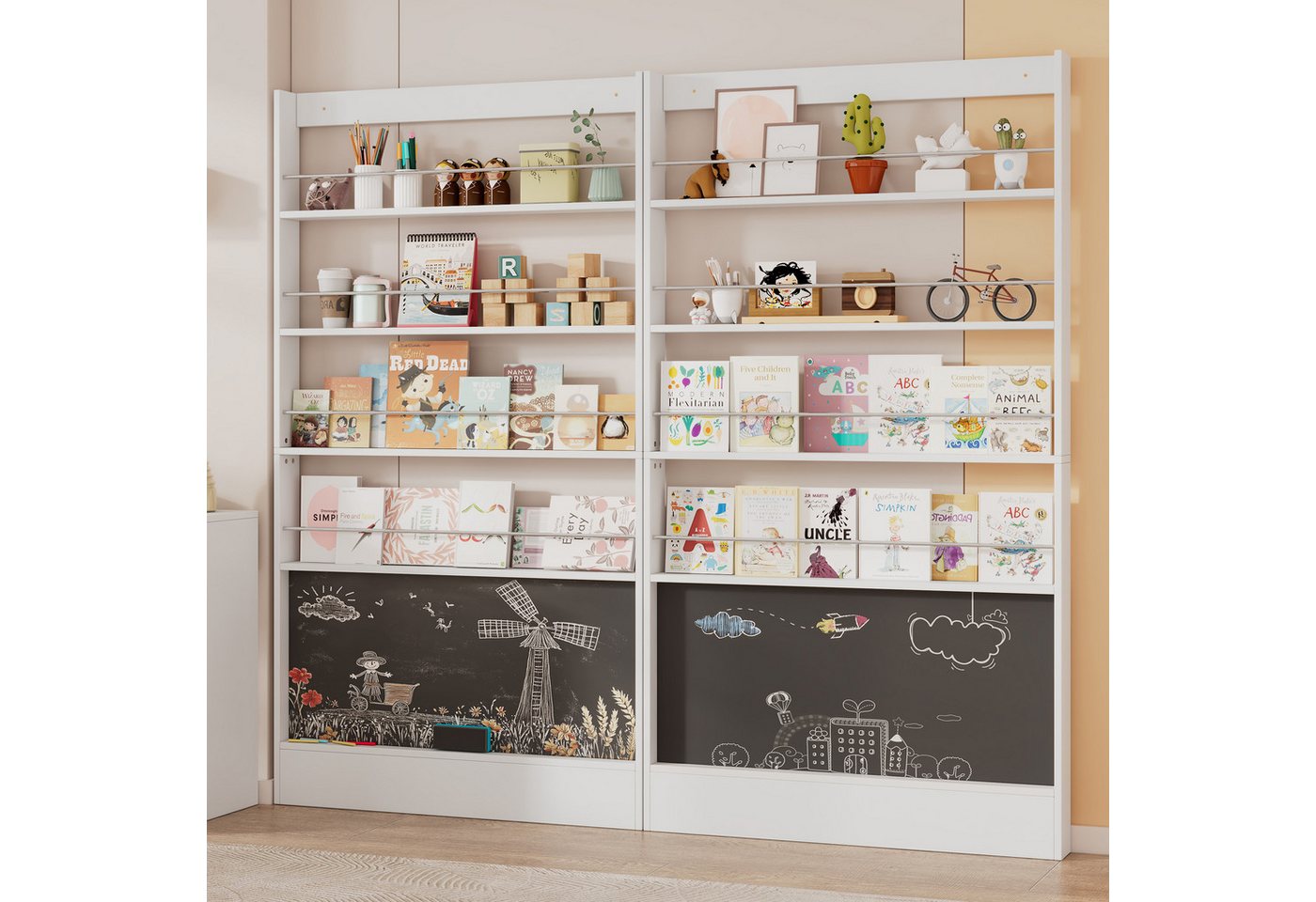 REDOM Bücherregal mit interaktivem Schwarzbord, Bilderbuchregal, Ausstellregal 2-tlg., 4-ebiges Aufbewahrungsregal + bemalbares Schwarzbord von REDOM