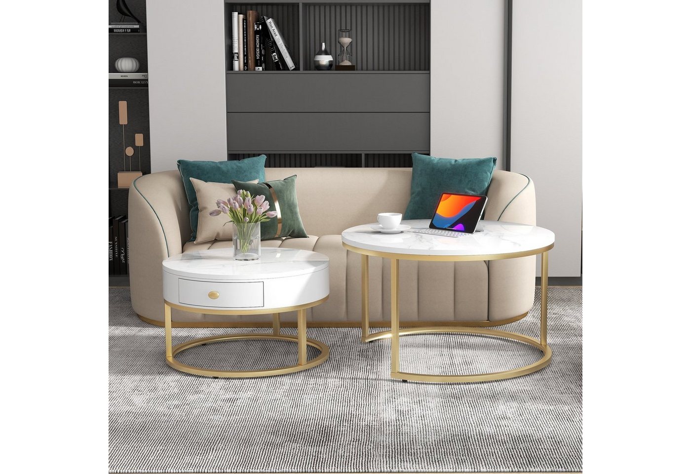REDOM Couchtisch 2er Set Marmoroptik Nesting Wohnzimmertisch (2-St., mit Hochglanz Marmormuster), Runde Couchtische Runder Nested Beistelltisch von REDOM