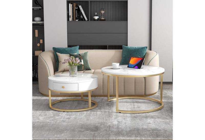 REDOM Couchtisch 2er Set Marmoroptik Nesting Wohnzimmertisch (2-St., mit Hochglanz Marmormuster), Runde Couchtische Runder Nested Beistelltisch von REDOM