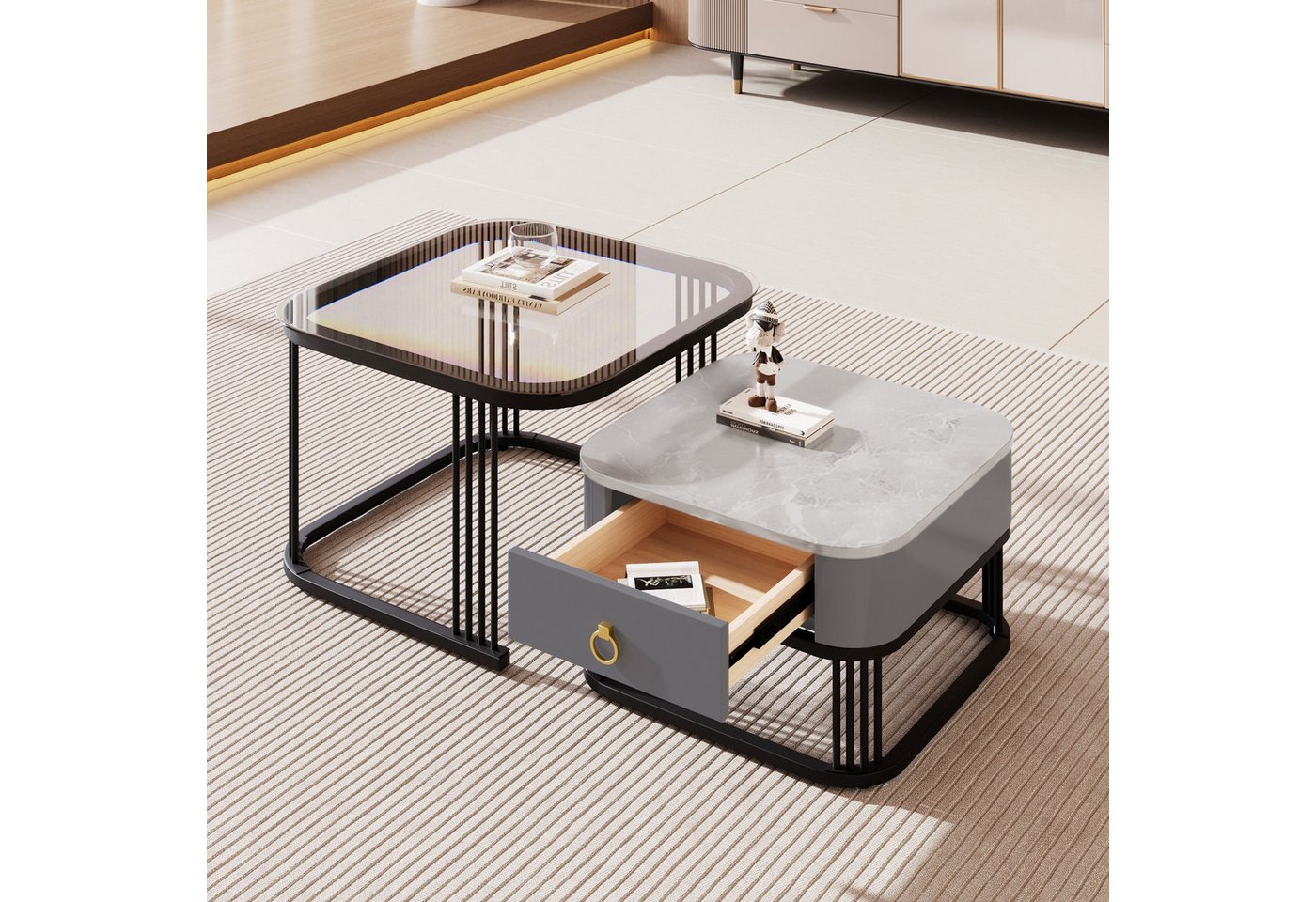REDOM Couchtisch 2er Set rund Satztische Marmoroptik (Wohnzimmertisch mit Schublade goldenem Griff, 2-St., 60*60*45+50*50*34 cm), Flexibel kombinierbar Pflegeleichte von REDOM