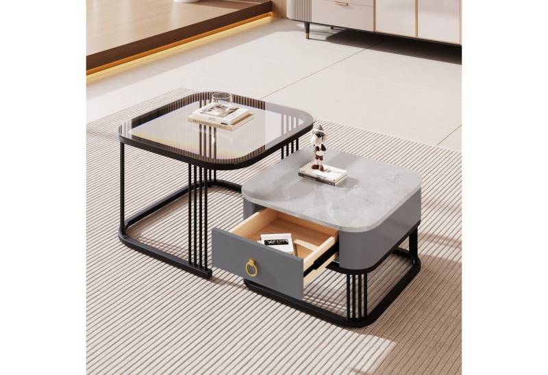 REDOM Couchtisch 2er Set rund Satztische Marmoroptik (Wohnzimmertisch mit Schublade goldenem Griff, 2-St., 60*60*45+50*50*34 cm), Flexibel kombinierbar Pflegeleichte von REDOM