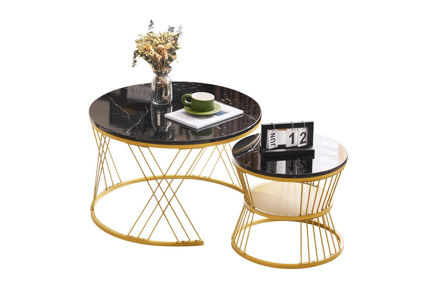 REDOM Couchtisch Couchtisch 2er Set rund Schwarz Marmoroptik (Marmor Furnier Sofa Seite Nest von Tischen Runde Endtische), Wohnzimmertisch von REDOM