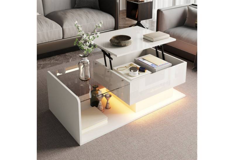 REDOM Couchtisch Hochglanz-Oberfläche (Beistelltisch, Wohnzimmertisch, 1-St., mit LED-Lichtleiste), Verstellbare Tischplatte + Glasplatte von REDOM
