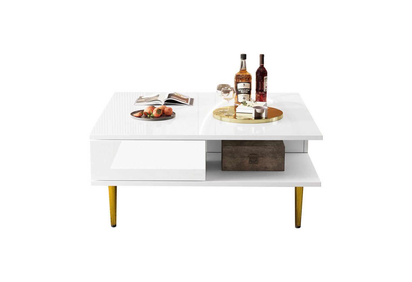 REDOM Couchtisch Hochglanz Sofatisch weiß quadratisch Beistelltisch (Wohnzimmertisch, Kaffeetisch, Beistelltisch, 1-St., 2 Schubladen, 2 offenen Fächern), mit goldfarbenen Beinen von REDOM