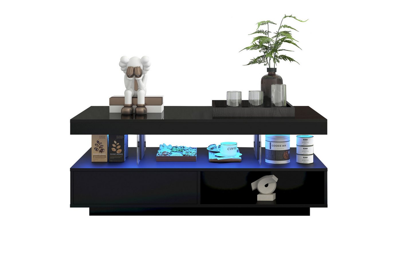 REDOM Couchtisch Kaffeetisch Beistelltisch Sofatisch Wohnzimmertisch (Beistelltisch mit 2 Schubladen, 1-St., mit LED-Beleuchtung und hochglänzender Tischplatte), Wohnzimmertisch mit Glastrennwände von REDOM