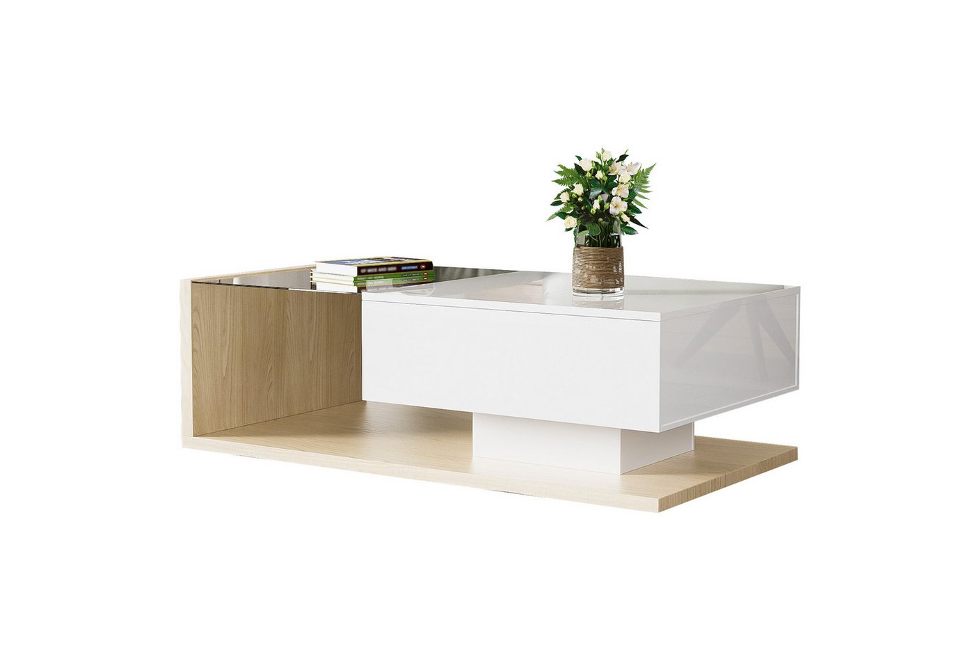 REDOM Couchtisch Kaffeetisch Sofatisch Beistelltisch Wohnzimmertisch (Wohnzimmertisch, 1-St., 105*55*32,5cm), mit Glastischplatte, Schublade und 16-farbigen variablen LED-Leuchten von REDOM