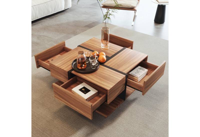REDOM Couchtisch Moderner Couchtisch mit Holzmaserung in Eiche-Optik (versteckte Schubladen, Geometrisches Design), 78x36x78 cm von REDOM