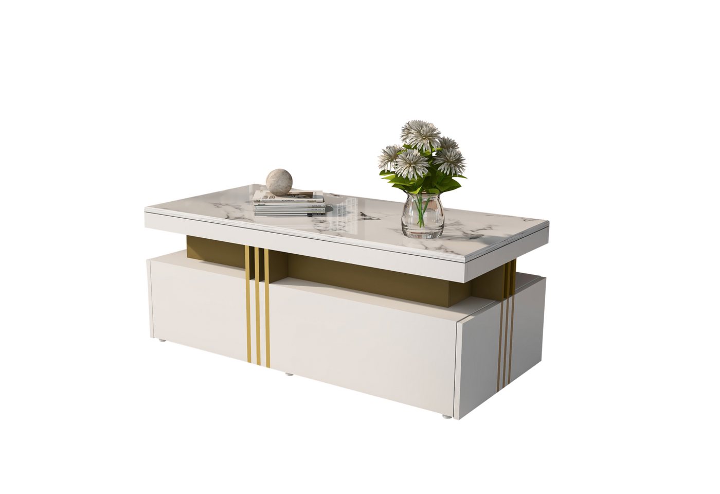 REDOM Couchtisch Moderner rechteckiger, mit PVC-Musterplatte und 2 Holzschubladen von REDOM