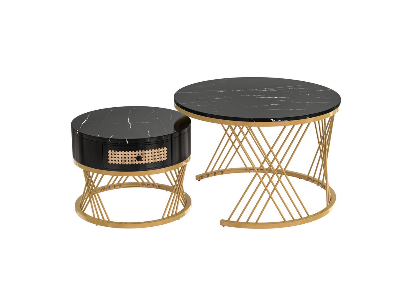 REDOM Couchtisch Satz Marmor Furnier Sofa Seite Nest von Tischen Runde Endtische (2-St., Sturmbare Struktur Für Stabilität Und Haltbarkeit Einfach Zu Montieren), Satz von 2, Goldene Farbe Frame von REDOM