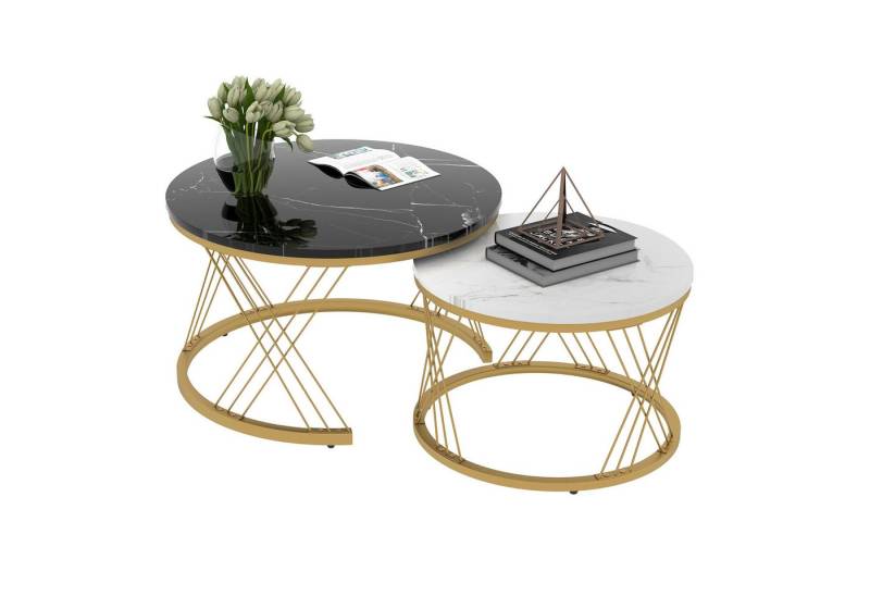 REDOM Couchtisch Satz Marmor Furnier Sofa Seite Nest von Tischen Runde Endtische (Smart Einzigartiges Design Nesting Design For Space Saving, 2-St., Sturmbare Struktur Für Stabilität Und Haltbarkeit Einfach Zu Montieren), Satz von 2, Goldene Farbe Frame von REDOM