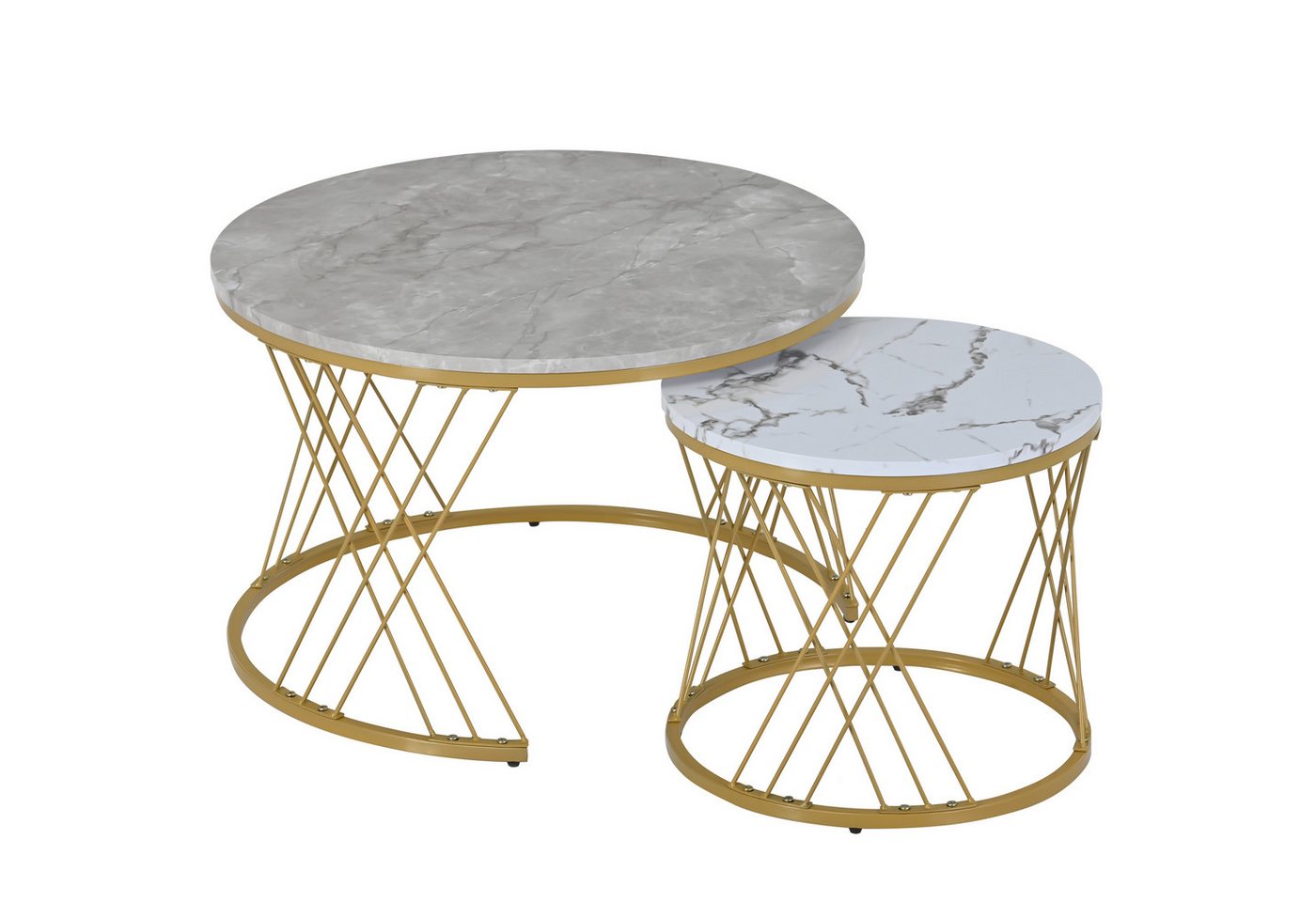 REDOM Couchtisch Satz Marmor Furnier Sofa Seite Nest von Tischen Runde Endtische (Smart Einzigartiges Design Nesting Design For Space Saving, 2-St., Sturmbare Struktur Für Stabilität Und Haltbarkeit Einfach Zu Montieren), Satz von 2, Goldene Farbe Frame von REDOM