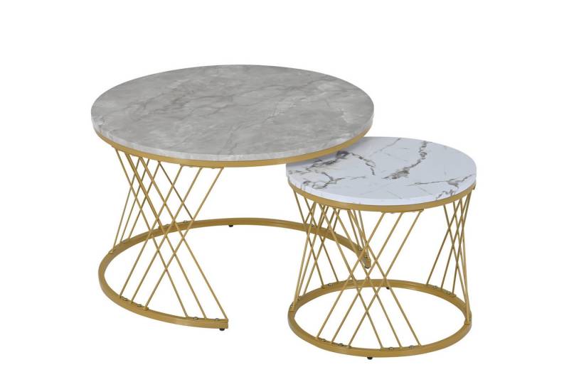 REDOM Couchtisch Satz Marmor Furnier Sofa Seite Nest von Tischen Runde Endtische (Smart Einzigartiges Design Nesting Design For Space Saving, 2-St., Sturmbare Struktur Für Stabilität Und Haltbarkeit Einfach Zu Montieren), Satz von 2, Goldene Farbe Frame von REDOM