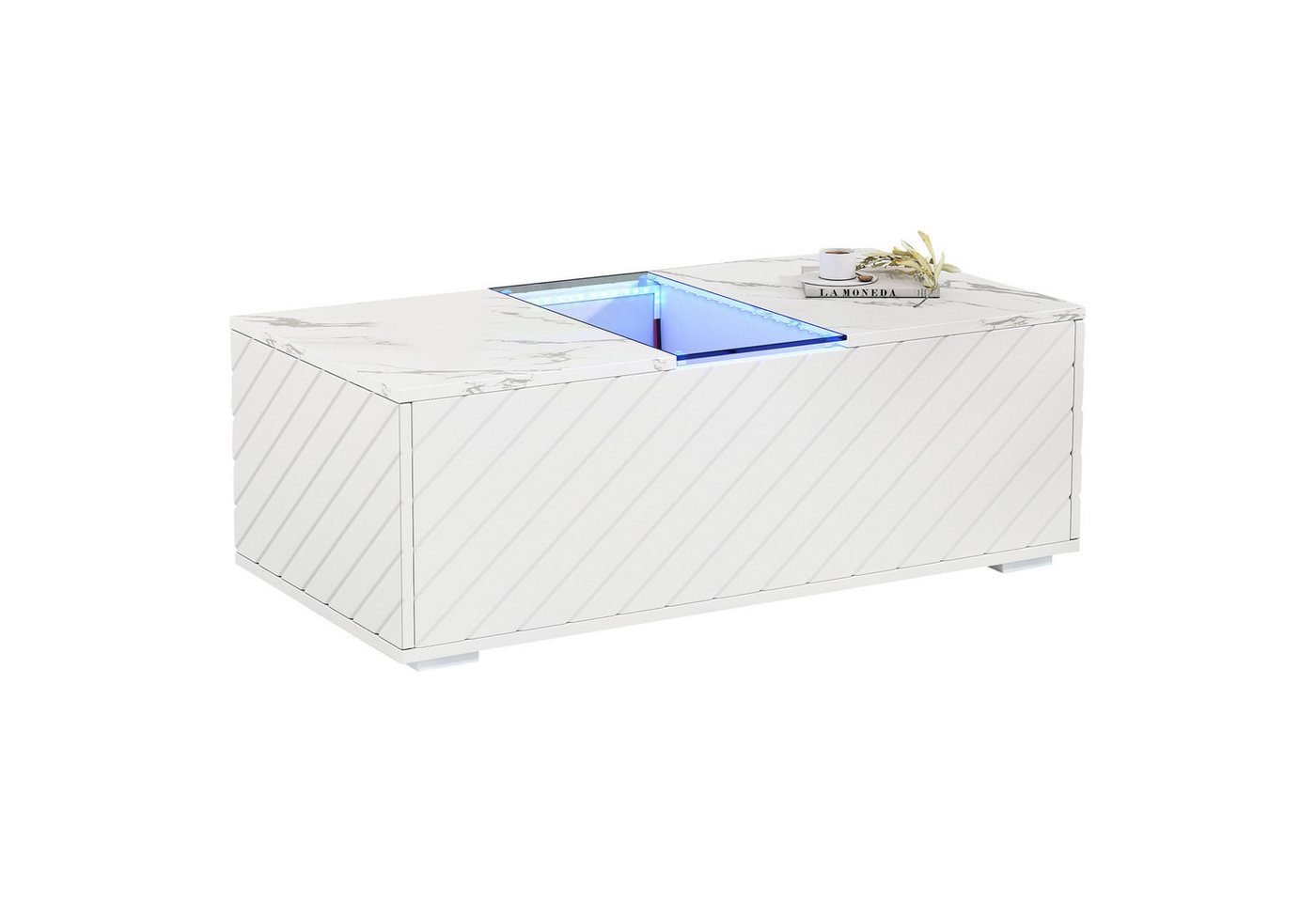 REDOM Couchtisch Sofatisch weißer Wohnzimmertisch mit Marmoroptik (Satztisch, Wohnzimmertisch Beistelltisch, 1-St., 2 Schubladen, 1 Glas Fach), mit Marmoroptik Tischplatte, LED-Beleuchtung, Glas-Element von REDOM