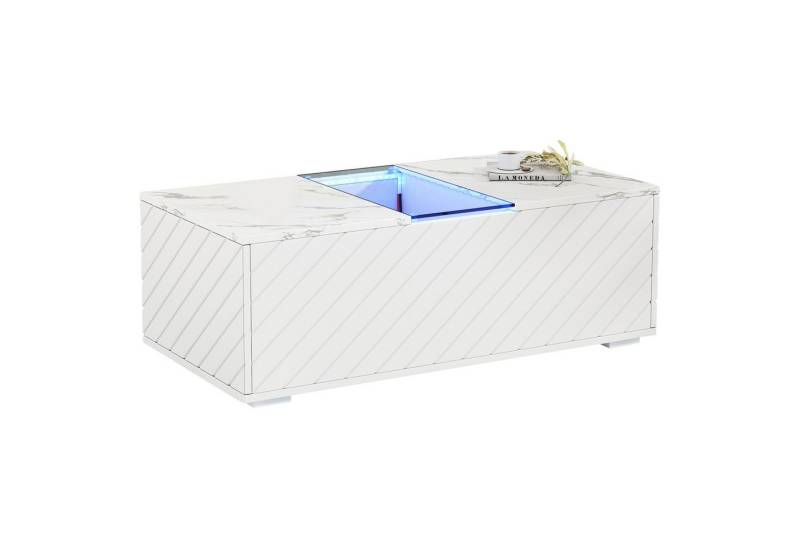 REDOM Couchtisch Sofatisch weißer Wohnzimmertisch mit Marmoroptik (Satztisch, Wohnzimmertisch Beistelltisch, 1-St., 2 Schubladen, 1 Glas Fach), mit Marmoroptik Tischplatte, LED-Beleuchtung, Glas-Element von REDOM